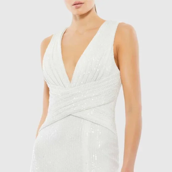 NWT Mac Duggal V-Neck Sequin Wrap Waist Gown White 8 #7667 - Picture 3 of 9